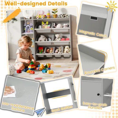 Miniatura 6 de HONEY JOY Organizador de almacenamiento de juguetes para niños, armario de madera de 44 pulgadas de largo con 8 contenedores extraíbles, estantes