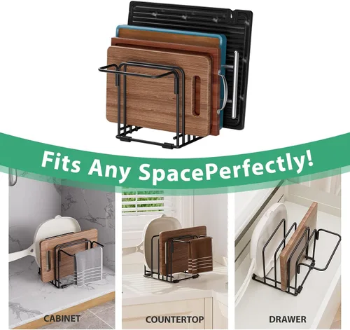 Miniatura 5 de Organizador de tabla de cortar, estante de almacenamiento de cocina de acero con 5 ranuras para tablas de cortar, bandejas para hornear, toallas