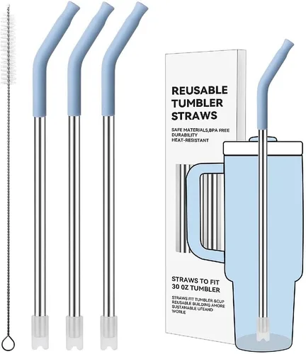 Miniatura 69 de Pajitas de metal rectas para vaso Stanley de 40 onzas, paquete de 3 popotes reutilizables de acero inoxidable con puntas de silicona y cepillo Gris