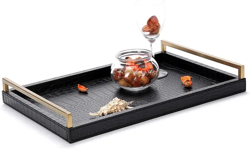Miniatura 4 de Bandeja otomana de cuero de 17.8 x 11.8 pulgadas, bandeja grande para servir con asas doradas cepilladas para bares, fiestas, comedor, bandeja
