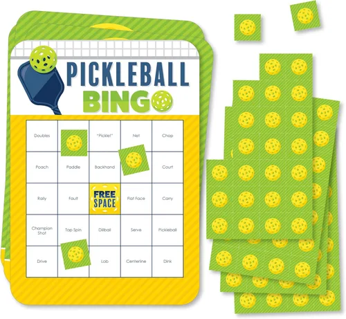 Big Dot of Happiness Let's Rally - Pickleball - Tarjetas de bingo y marcadores - Juego de bingo para fiesta de cumpleaños o jubilación - Juego de 18