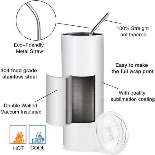 Miniatura 3 de PYD Life Paquete de 10 Vasos Tumblers de Sublimación a Granel en Blanco de 20 OZ Delgados Blancos de Acero Inoxidable con Pajita y Tapa para Taza