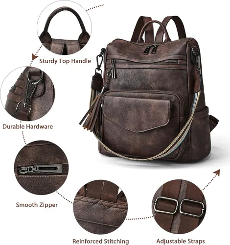 Miniatura 4 de OPAGE Mochila Bolso para Mujeres de Cuero Diseñador de Moda Mochila Bolso Mochila de Viaje Bolsas de Hombro para Damas con Muñequera, Mochilas