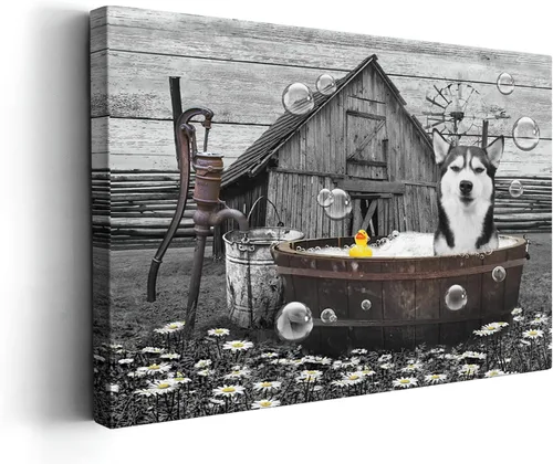 Miniatura 15 de Kasluolo Divertido arte de pared de perro Beagle para decoración de baño, lindo beagle sentado en la bañera, lienzo impreso pintura de animales