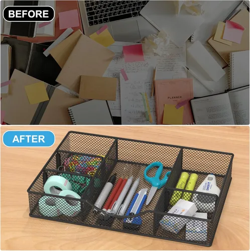 Miniatura 6 de VyGrow Bandeja organizadora de cajones de escritorio, organizador de cajones de malla metálica para oficina, 6 compartimentos ajustables, bandeja 1