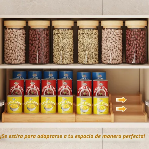 Miniatura 3 de Organizador de latas de bambú expandible para despensa, soporte de almacenamiento de latas ajustable de 3 niveles, organizador de soda con capacidad