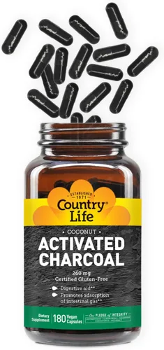 Miniatura 13 de Country Life Cápsulas de carbón activado de coco, 260 mg – Suplemento de carbón natural para aliviar los gases y la hinchazón – Sin gluten, 40
