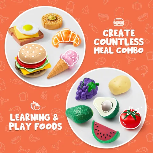 Miniatura 3 de JOYIN Juego de 50 piezas de juguetes de cocina, vajilla, frutas ficticias, verduras, accesorios de plástico para niños, juguete educativo