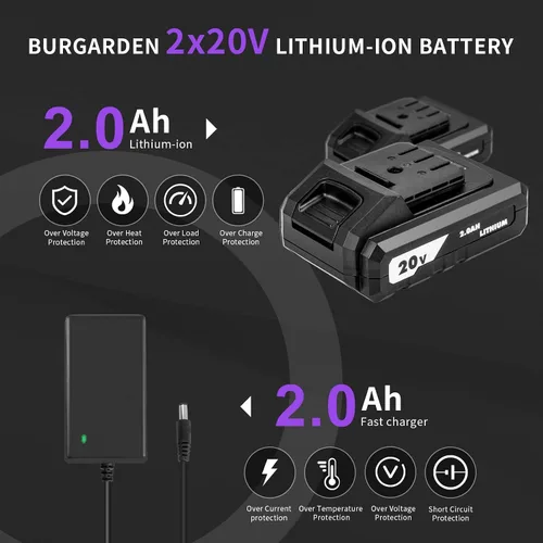 Miniatura 8 de Juego de taladro inalámbrico sin escobillas morado, kit de controlador de potencia compacto de 20 V con motor eléctrico, ajuste de par de 20+3, 48