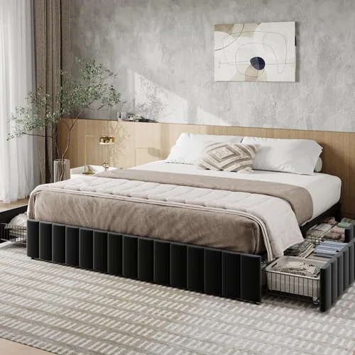 Miniatura 13 de Allewie Base de cama de plataforma de tamaño completo con 4 cajones de almacenamiento grandes, base de cama tapizada con canales verticales