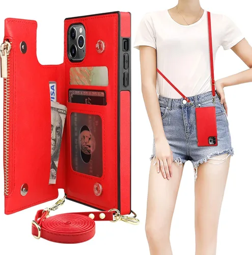 Bocasal Funda tipo cartera cruzada para iPhone 11 Pro con tarjetero, protector de ranura para tarjetas con cremallera, a prueba de golpes, con Rojo