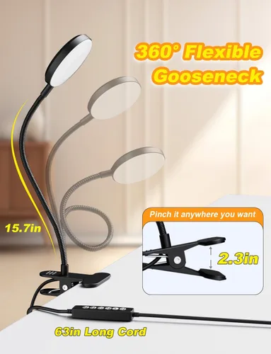 Miniatura 5 de Lámpara de escritorio con abrazadera-10W, 2 en 1 con ambiente RGB y luz blanca cálida, luz de lectura de libros cambiable/cuello de cisne flexible