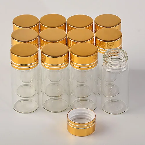 Miniatura 9 de 24 botellas de cristal de 0.3 onzas líquidas con tapas de rosca de aluminio dorado, aceite esencial vacío, azafrán, píldora, polvo, frascos