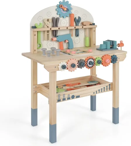 Miniatura 10 de Costzon Banco de herramientas para niños, banco de trabajo de madera con 61 herramientas y accesorios de juguete, juego de herramientas