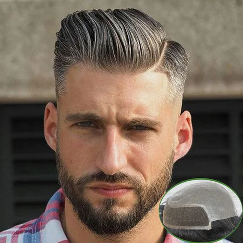 Miniatura 7 de Voloria Toupee para hombres 100% cabello humano europeo suizo frente encaje frontal natural piezas de cabello 0.003 in piel fina PU V-looped sistema