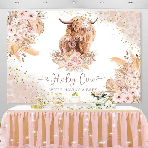 Miniatura 2 de Fondo bohemio de vaca santa para baby shower, vaca de las tierras altas, con texto en inglés "We are Having A Baby", diseño floral bohemio de hierba