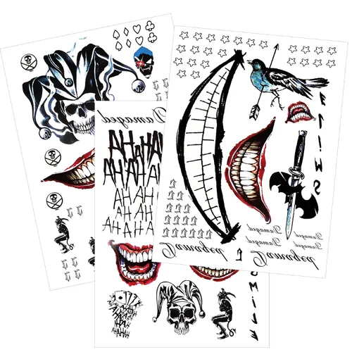 3 hojas de tatuajes temporales PadOUN The Joker, tatuajes falsos de Halloween de Suicde Squad, tatuaje adhesivo para disfraces de Halloween y