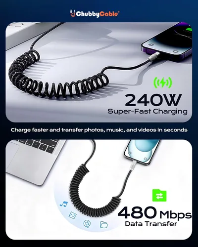 Miniatura 2 de chubbycable Curly Chubby - Cable de carga rápida USB C en espiral de 240 W, cable de carga retráctil trenzado duradero para automóvil compatible