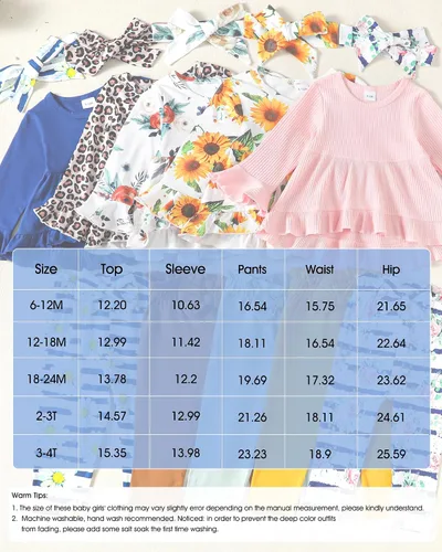 Miniatura 165 de Kucnuzki Conjunto de ropa para bebé niña pequeña, camisa de manga con volantes, pantalón floral, ropa de otoño e invierno para niña