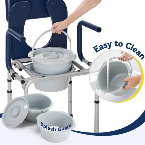 Miniatura 6 de Asiento sanitario plegable para el costado de la cama con brazo desplegable, inodoro con asiento acolchado y respaldo, capacidad de 136kg, cubo Azul