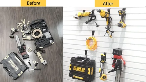 Miniatura 5 de Ganchos Slatwall, paquete de 8 organizadores de pared de garaje resistentes para herramientas eléctricas y cables, ganchos para colgar en la pared