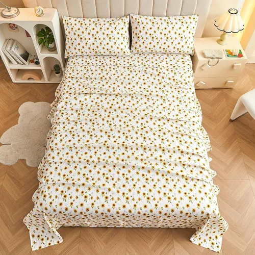 Miniatura 9 de Softan Juego de sábanas tamaño matrimonial, con estampado de girasol, sábana bajera ajustable de microfibra cepillada con bolsillo profundo de 15