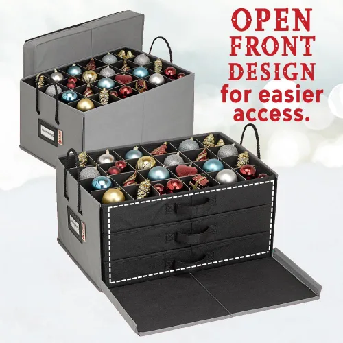 Miniatura 6 de Caja con divisores para guardar hasta 72 adornos navideños de 3 pulgadas de forma práctica, cubos grandes de tela de alta calidad con 3 bandejas Gris