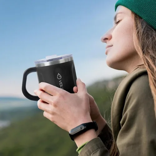 Miniatura 5 de Taza de café de acero inoxidable con asa, taza de viaje de 16 oz con aislamiento de doble pared, vaso con tapa deslizante, excelente taza de té