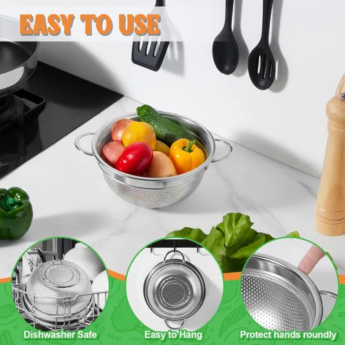 Miniatura 5 de P&P CHEF Colador de acero inoxidable de 3 cuartos de galón, colador de metal microperforado para alimentos de cocina, ideal para enjuagar, lavar