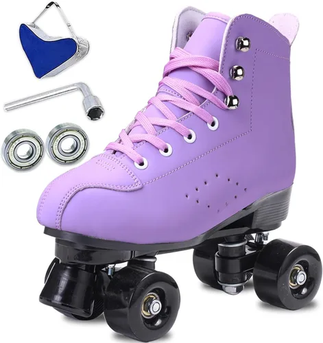 Miniatura 7 de Patines para mujer y hombre de caña alta en negro, de cuero sintético clásico, patines de doble fila ajustables para interiores y exteriores