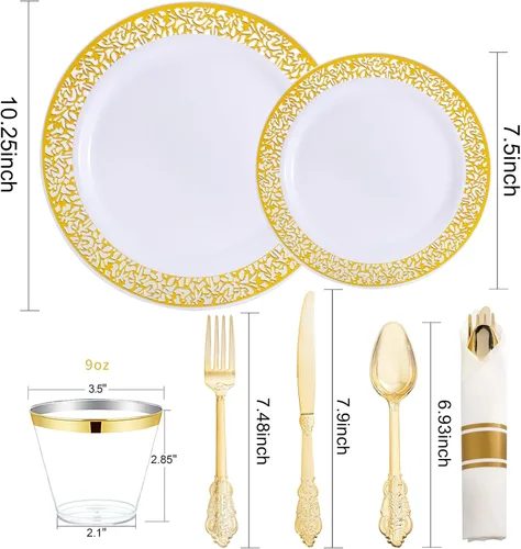 Miniatura 4 de DaYammi 210 platos de plástico dorados, juegos de vajilla de plástico dorado, incluye: 30 platos llanos, 30 platos de ensalada, 30 servilletas Y oro.
