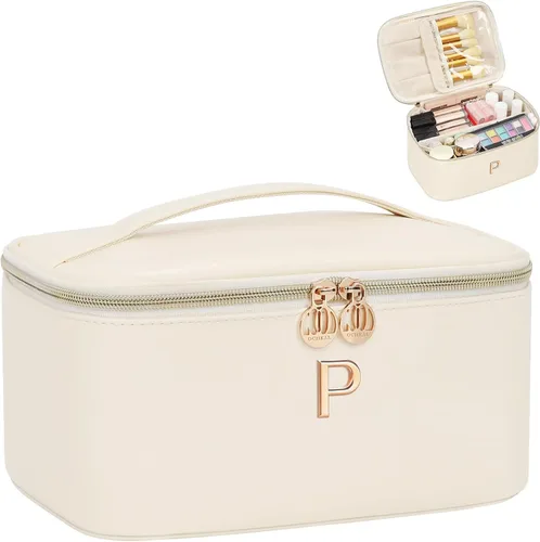 Miniatura 59 de OCHEAL Bolsa de maquillaje personalizada, bolsa de maquillaje beige para mujer, kit de aseo de viaje con monograma, organizador de cosméticos listo