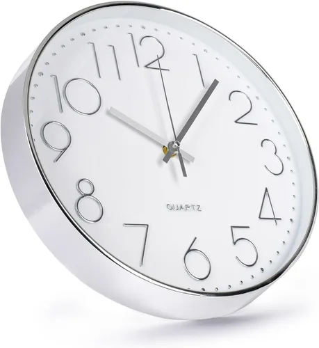 Miniatura 2 de Reloj de pared de 12 pulgadas, silencioso, moderno, estilo simple, redondo, decorativo, con esfera estereoscópica de cuarzo, para Plata