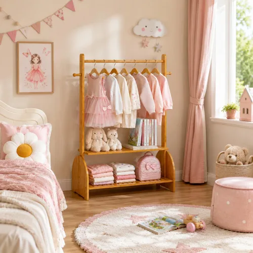 Miniatura 7 de BAMBOOHOMIE Perchero de ropa para niños con varillas ajustables, perchero de ropa para niños, bebés, mascotas, perchero para niños con 2 estantes