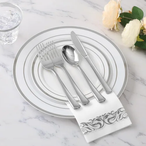 Miniatura 2 de Goodluck - Juego de vajilla plateada de 700 piezas para 100 invitados, platos de plástico desechables para fiestas, incluye: 100 platos llanos, 100