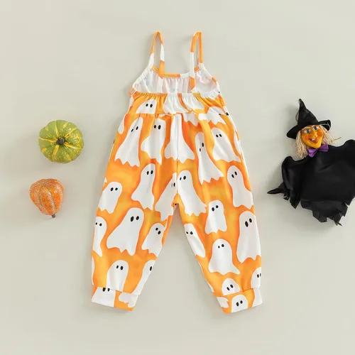 Miniatura 4 de Emmababy Enterizo de Halloween para niños y niñas pequeñas, con estampado de calabaza, fantasmacaricatura, gato, calabaza, sin mangas, 1-6T, overol