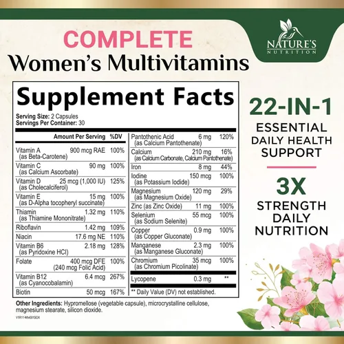 Miniatura 2 de Multivitamínico para mujeres – Completo multivitamínico con vitaminas A, C, D, E, B6, B12, zinc, calcio y magnesio, suplemento multimineral diario