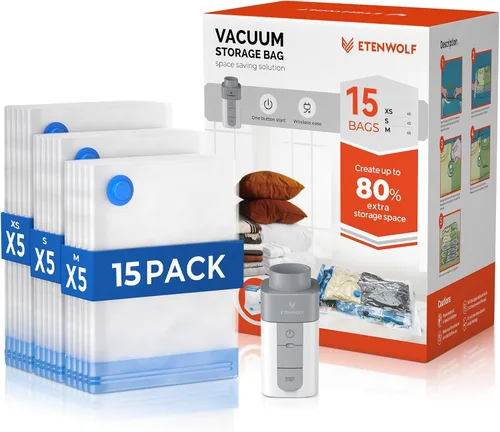 Miniatura 8 de ETENWOLF Bolsas de almacenamiento al vacío para viajes con bomba inalámbrica recargable, bolsas de sellado al vacío para ropa y viajes, bolsas