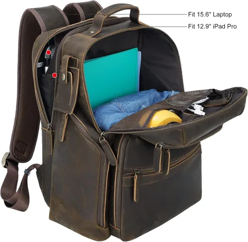 Miniatura 4 de TIDING Mochila para portátil de cuero vintage de 15.6 pulgadas para hombre, con múltiples bolsillos, mochila de viaje para negocios