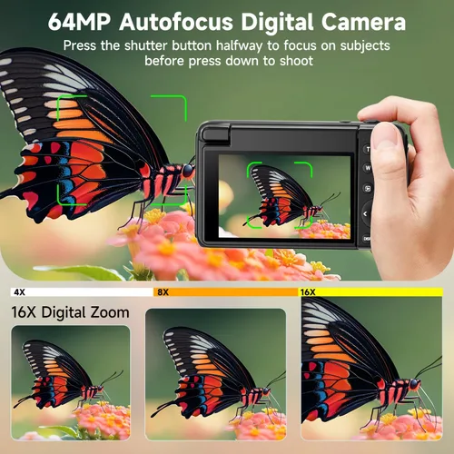 Miniatura 3 de Cámara digital 4K para fotografía y videoblogs de 64 megapíxeles para YouTube con pantalla giratoria de 3" 180°, cámara compacta de viaje