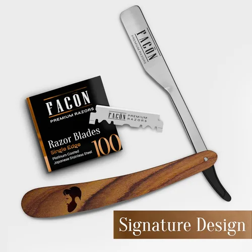 Miniatura 8 de Facón Navajas rectas para hombres - Kit de navaja de barbero profesional de borde recto con 100 cuchillas, afeitadora de acero inoxidable de madera