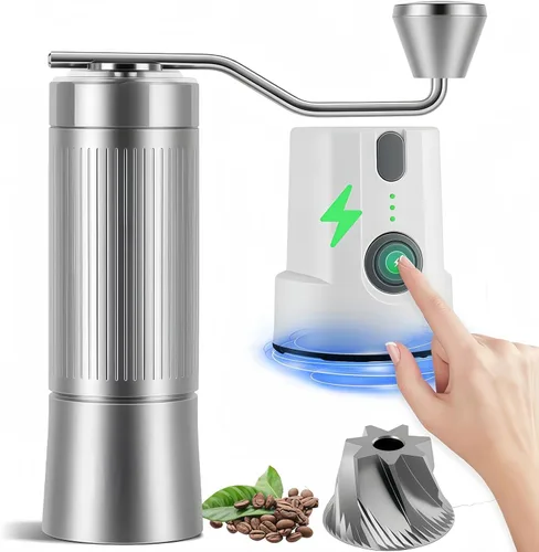 Miniatura 9 de Molinillo de café eléctrico y manual 2 en 1 con rebabas de acero inoxidable de 1.575 pulgadas, molino de fresas totalmente metálico recargable por
