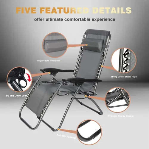 Miniatura 5 de Juego de 2 sillas ajustables de gravedad cero, sillas reclinables plegables para exteriores con almohada, sillas portátiles junto a la piscina, Gris