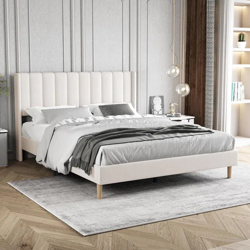 Marco de cama plataforma tapizado tamaño Queen con cabecero, soporte de listones de madera, no necesita somier, fácil montaje, color beige,