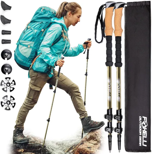 Miniatura 10 de Foxelli Bastones de senderismo de fibra de carbono – Bastones de senderismo ligeros plegables con empuñaduras de corcho, cerraduras de giro rápido