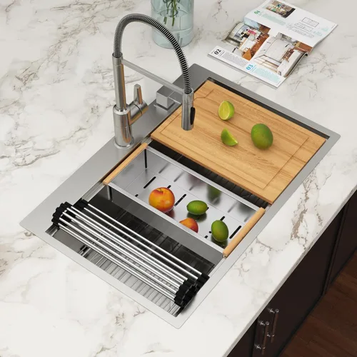 Miniatura 34 de Fregadero de cocina de 25 pulgadas, fregadero de un solo cuenco, color negro mate, calibre 18, 25 x 22 pulgadas, acero inoxidable, montaje superior
