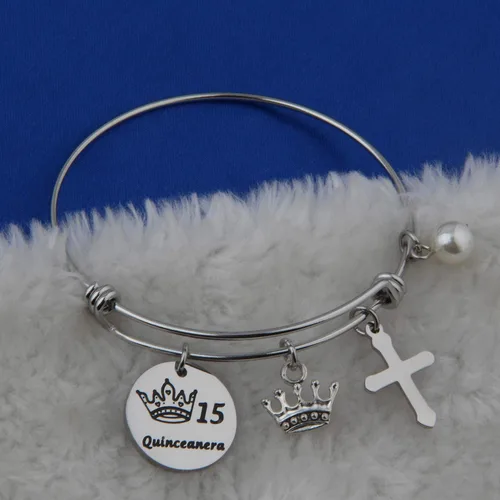 Miniatura 2 de FEELMEM Quinceañera - Pulsera de 15 cumpleaños para niñas y niñas 15 años de quinceañera brazalete de alambre expandible joyería de membrillo