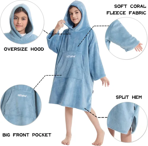 Miniatura 3 de Hiturbo Bata de cambio de toallas para niños: manta de felpa suave, sudadera con capucha cálida de forro polar coral, poncho de surf de natación Azul