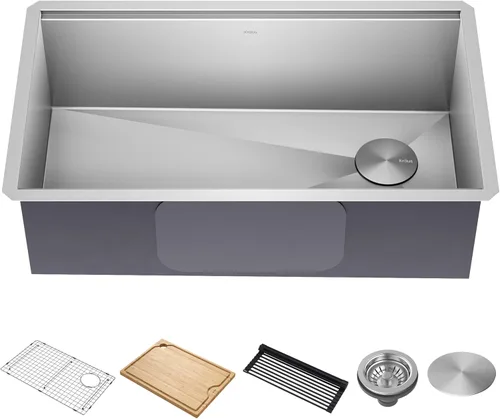 KRAUS KWU110-32 Kore - Fregadero de cocina con estación de trabajo de 32 pulgadas, para empotrar, cuenco individual, de acero inoxidable calibre 16,