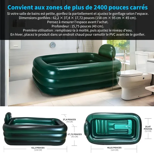 Miniatura 9 de Bañera Portátil para Adultos con Tapa, Bañera Inflable para Baño de Hielo, Baño de Hielo Ovalado Grande con Almohada, 62.2x37.4x17.72 pulgadas